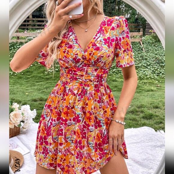 Shein Floral Ruched Waist Pink Multicolor V-Neck Dress Size Medium NWT - Picture 1 of 8